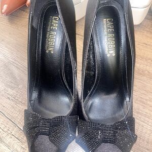 Cape Robbin Black Heels with Rhinestone Bow